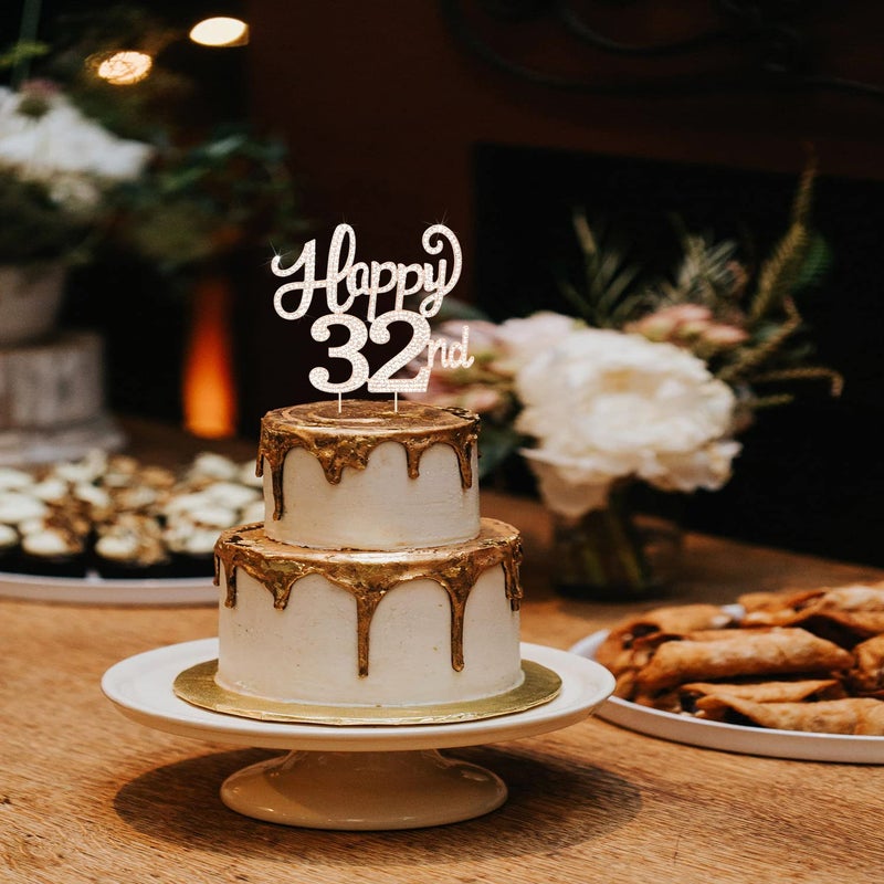 LASKYER Happy 32nd Birthday Decorations,32nd Birthday Gold Rhinestone Cake Topper - Cheers to 32 Years Old Bday Party Metal Sparkly Cake Centerpieces Sign. - Image 3